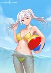  1girl artist_name beachball bikini brown_eyes clouds cute dakkalot female_my_unit_(fire_emblem:_kakusei) fire_emblem fire_emblem:_kakusei fire_emblem_13 fire_emblem_awakening holding_beachball intelligent_systems long_hair looking_at_viewer my_unit_(fire_emblem:_kakusei) navel nintendo outdoors parted_lips partially_submerged patreon_username reflet reflet_(girl) robin_(fire_emblem) robin_(fire_emblem)_(female) sky solo summer swimsuit twintails white_hair yellow_bikini 