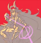  1girl ahoge armor breasts cape closed_mouth faucre gauntlets glowing glowing_eyes greaves hair_between_eyes holding holding_weapon holding_whip horned_headwear horns large_breasts last_origin long_hair navel pauldrons red_background shoulder_armor simple_background sketch smile solo spikes very_long_hair weapon whip yan_(age0614) yellow_eyes 