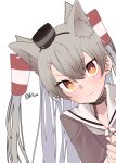  1girl amatsukaze_(kantai_collection) animal_ears brown_dress brown_neckwear dress extra_ears grey_hair hair_tubes highres kantai_collection lifebuoy_ornament long_hair looking_at_viewer neckerchief orange_eyes peeking_out sailor_collar sailor_dress short_dress simple_background solo tetuw two_side_up upper_body white_background white_sailor_collar windsock wolf_ears 