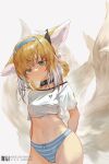  1girl absurdres animal_ears arknights bangs black_choker blonde_hair blue_panties braid choker commentary_request cowboy_shot crop_top dm_(dai_miao) fox_ears fox_tail green_eyes grey_background highres long_hair looking_at_viewer midriff multicolored_hair multiple_tails navel panties shirt short_sleeves simple_background solo standing stomach striped striped_panties suzuran_(arknights) tail tied_shirt underwear white_hair white_shirt 