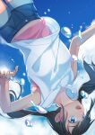  1girl amano_hina_(tenki_no_ko) armpits black_hair blue_eyes blue_shorts clouds floating_hair highres hood hooded_sweater long_hair maple102 open_mouth pink_shirt shirt short_shorts shorts solo sweater tenki_no_ko upside-down vest white_vest 