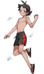  0_8_5_ohako 1boy black_footwear black_hair blue_eyes blush closed_mouth commentary_request eyelashes full_body goh_(pokemon) hair_ornament hairclip holding holding_poke_ball leg_up looking_at_viewer male_focus male_swimwear navel nipples poke_ball poke_ball_(basic) pokemon pokemon_(anime) pokemon_swsh_(anime) sandals shirtless smile solo swim_trunks swimwear water_drop white_background 
