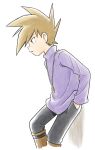  1boy black_pants blue_oak boots brown_footwear brown_hair commentary hand_in_pocket highres jewelry male_focus necklace pants parted_lips pokemon pokemon_adventures purple_shirt sawa_(soranosawa) shirt solo spiky_hair 