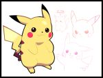  :3 arrow_(symbol) artsy-rc black_border border brown_eyes closed_mouth commentary english_commentary english_text gen_1_pokemon highres looking_at_viewer multiple_views no_humans pikachu pokemon pokemon_(anime) pokemon_(creature) signature simple_background smile solo white_background 