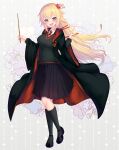  1girl :d akai_haato black_legwear blonde_hair blue_eyes breasts cardigan coat cosplay fang floral_background gryffindor hair_ornament harry_potter heart heart_hair_ornament highres hogwarts_school_uniform hololive large_breasts long_hair long_sleeves necktie open_mouth school_uniform shoes skirt smile socks solo virtual_youtuber wand yoshiheihe 