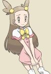  1girl brown_eyes brown_hair capelet closed_mouth commentary_request cosplay dress dress_pull eyelashes garter_straps hair_bobbles hair_ornament jasmine_(pokemon) long_hair looking_down margo_(pokemon) margo_(pokemon)_(cosplay) pokemon pokemon_(game) pokemon_hgss pulled_by_self sawa_(soranosawa) solo thigh-highs tied_hair 