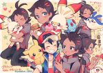  2boys antenna_hair artist_name ash_ketchum bangs baseball_cap black_hair blue_eyes blush brown_hair closed_eyes commentary_request eating eyelashes food food_on_face gen_1_pokemon gen_4_pokemon gen_8_pokemon goh_(pokemon) hamburger hands_up hat heart holding holding_poke_ball holding_pokemon looking_at_another male_focus mantyke multiple_boys on_shoulder open_mouth pikachu poke_ball poke_ball_(basic) pokemon pokemon_(anime) pokemon_(creature) pokemon_on_shoulder pokemon_swsh_(anime) rotom rotom_phone scorbunny shirt short_sleeves side_slit sleeveless sleeveless_jacket smile star_(symbol) tentacool watermark white_shirt yataba 