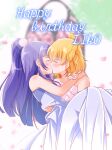  2girls arm_around_neck asahina_mirai blonde_hair blurry blurry_background blush couple dress earrings french_kiss high_ponytail highres izayoi_liko jewelry kiss long_dress long_hair mahou_girls_precure! mitumi_mira multiple_girls precure purple_hair shiny shiny_hair short_hair sleeveless sleeveless_dress strapless strapless_dress very_long_hair wedding_dress white_dress wife_and_wife yuri 