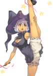  1girl breasts brown_eyes cleavage_cutout clothing_cutout commentary dress english_commentary grey_dress hat highres holding holding_wand large_breasts leg_up light_purple_hair open_mouth original purple_headwear shoes shorts simple_background solo split standing standing_on_one_leg standing_split star_(symbol) upper_teeth vins-mousseux wand white_background white_shorts witch witch_hat 