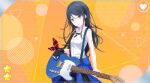  black_hair blue_eyes blush dress guitar hoshino_ichika_(project_sekai) long_hair project_sekai 