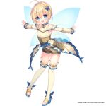  1girl :d ahoge bangs bare_shoulders blonde_hair blue_eyes blue_footwear blue_wings blush brown_shorts butterfly_hair_ornament commentary_request copyright_request detached_sleeves dress eyebrows_visible_through_hair fairy_wings hair_between_eyes hair_ornament high_heels long_sleeves looking_at_viewer navel official_art open_mouth outstretched_arms sandals short_shorts shorts smile solo spread_arms thigh-highs toeless_legwear transparent_background usashiro_mani watermark white_dress white_legwear white_sleeves wings 