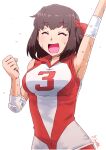  1girl :d arm_up armpits artist_name bangs brown_eyes brown_hair clenched_hand closed_eyes commentary droplet elbow_pads eyebrows_visible_through_hair facing_viewer girls_und_panzer headband highres kondou_taeko medium_hair open_mouth red_headband red_shirt red_shorts satou_yasu shirt shorts signature simple_background sleeveless sleeveless_shirt smile solo sportswear sweat upper_body volleyball_uniform white_background 