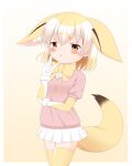  1girl animal_ears bangs blonde_hair blush bow brown_background brown_eyes commentary_request eyebrows_visible_through_hair fennec_(kemono_friends) fox_ears fox_girl fox_tail fur-trimmed_gloves fur_trim gloves gradient gradient_background hair_between_eyes hand_up highres kemono_friends multicolored_hair parted_lips pink_sweater pleated_skirt puffy_short_sleeves puffy_sleeves shin01571 shirt short_sleeves skirt solo sweater tail thigh-highs two-tone_hair white_gloves white_hair white_shirt white_skirt yellow_bow yellow_legwear 