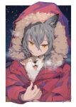  1girl amuri animal animal_ears animal_in_clothes arknights bangs breath closed_eyes closed_mouth commentary dog fangs fur-trimmed_hood fur_trim grey_hair holding holding_animal hood hood_up hooded_jacket jacket looking_down no_nose projekt_red_(arknights) red_jacket sidelocks signature solo tongue tongue_out upper_body visible_air windowboxed wolf_ears wolf_girl yellow_eyes 