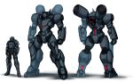  blue_eyes character_sheet clenched_hands commission english_commentary highres looking_down mecha military multiple_views original pinguinkotak power_armor red_eyes science_fiction standing white_background 