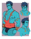  1boy abs bara bare_arms bare_chest blue_oni blue_skin bracelet bulge chest chest_hair cropped_legs cropped_torso earrings facial_hair fishnet_legwear fishnets hairy horns jasdavi jewelry male_focus multicolored_hair multiple_views muscle nipples oni oni_horns orange_eyes orange_hair orange_tank_top original oskar_(jasdavi) pointy_ears red_eyes short_hair sideburns spiked_bracelet spikes streaked_hair stubble tank_top thick_thighs thighs 