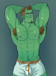  1boy abs armpit_hair armpits arms_up bara boxers brown_hair bulge chest demon_horns facial_hair fangs goatee green_skin horns jasdavi male_focus muscle navel navel_hair nipples nose_piercing orc original piercing short_hair sideburns solo thick_thighs thighs underwear underwear_only white_boxers 