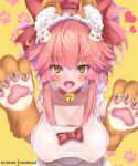  1girl absurdres animal_ear_fluff animal_ears apron bangs bell bell_collar blush breasts collar fate/extra fate/grand_order fate_(series) fox_ears fox_girl fox_tail gloves highres kamehito long_hair naked_apron paw_gloves paws pink_hair tail tamamo_(fate)_(all) tamamo_cat_(fate) yellow_eyes 