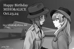  2girls aircraft airplane casablanca english_text girls_und_panzer hat highres long_hair looking_at_another matsui_yasutsugu monochrome multiple_girls necktie nishizumi_miho parody shimada_arisu short_hair trench_coat 