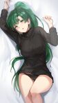 1girl absurdres asymmetrical_bangs bangs black_sweater blush breasts earrings fire_emblem fire_emblem:_the_blazing_blade green_eyes green_hair high_ponytail highres jewelry large_breasts long_hair long_sleeves looking_at_viewer lyn_(fire_emblem) ormille panties ponytail sweater thighs underwear 