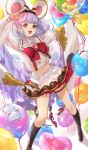  1girl :d absurdres animal_ears balloon bangs brooch brown_footwear commentary_request eyebrows_visible_through_hair granblue_fantasy hair_ornament hairclip heart highres holding holding_balloon jewelry leg_garter midriff mouse_ears n-bata navel open_mouth pleated_skirt rat red_eyes shoes short_hair skirt smile socks solo standing teeth upper_teeth vikala_(granblue_fantasy) white_hair white_skirt wide_sleeves 