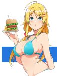  1girl :o ahoge bangs bikini blonde_hair blue_bikini blue_eyes breasts eyebrows_visible_through_hair food hachimiya_meguru hair_ornament hairclip hamburger haseneko highres holding holding_plate idolmaster idolmaster_shiny_colors large_breasts long_hair looking_at_viewer low_twintails navel parted_bangs plate solo star_(symbol) star_hair_ornament swimsuit twintails 