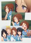  4girls :o antenna_hair black_hair blonde_hair blue_eyes blue_neckwear blue_sailor_collar blush brown_hair closed_eyes closed_mouth embarrassed hair_ribbon hibike!_euphonium highres kamo_kamen kasaki_nozomi kitauji_high_school_uniform long_hair looking_at_viewer multiple_girls nakagawa_natsuki neckerchief open_mouth photo_(object) ponytail red_eyes ribbon sailor_collar school_uniform serafuku shirt short_sleeves smile uniform violet_eyes white_shirt yellow_ribbon yoroizuka_mizore yoshikawa_yuuko 