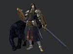  1boy armor black_panther boots brown_hair cape chainmail closed_mouth faulds full_body gauntlets grey_background grey_eyes hair_over_one_eye highres holding holding_shield holding_sword holding_weapon jaeyeong long_hair looking_at_viewer male_focus metal_boots multiple_shields one_eye_covered original panther pauldrons shield shoulder_armor simple_background solo standing sword tabard waist_cape weapon 
