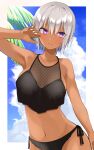  1girl arm_up bangs bikini black_bikini blue_sky blush bob_cut breasts closed_mouth clouds cloudy_sky commentary dark_skin dark-skinned_female day frown gomashi_(goma) halterneck large_breasts looking_at_viewer navel original outdoors outline outside_border palm_tree side-tie_bikini silver_hair sky solo standing swimsuit tree violet_eyes white_outline 
