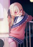  1girl air_conditioner balcony bespectacled black_ribbon cardigan commentary_request drill_hair eyebrows_visible_through_hair fang glasses grey_hair hair_intakes hair_ribbon highres long_hair looking_at_viewer makaino_ririmu moon multicolored_hair night night_sky nijisanji no_pants off_shoulder open_mouth panties pink_cardigan pink_panties pointy_ears railing red-framed_eyewear red_eyes redhead ribbon sabamen sailor_collar semi-rimless_eyewear shirt skin_fang sky smile solo streaked_hair twin_drills under-rim_eyewear underwear virtual_youtuber white_shirt 