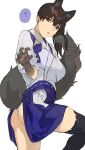  1girl animal_ears brown_hair fukazaki fundoshi hakama_skirt highres japanese_clothes kaga_(kantai_collection) kantai_collection looking_at_viewer paws side_ponytail skirt skirt_lift solo tail thigh-highs translation_request wolf_ears wolf_girl wolf_tail 