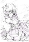  1girl :o bangs blanket commentary girls_und_panzer girls_und_panzer_senshadou_daisakusen! glasses graphite_(medium) greyscale highres hippopotamus_costume holding holding_pillow hood hood_up kneeling looking_at_viewer messy_hair monochrome on_bed onesie oryou_(girls_und_panzer) parted_lips pillow pink_x semi-rimless_eyewear short_hair sketch solo traditional_media under-rim_eyewear under_covers 