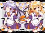  2girls alternate_costume apron bat bat_wings beni_kurage black_cat blonde_hair blue_hair blush candy cat commentary dress english_text enmaided eyebrows_visible_through_hair fang fang_out feet_out_of_frame finger_to_mouth flandre_scarlet food ghost grey_background hair_between_eyes halloween hand_on_own_thigh highres holding holding_plate jack-o&#039;-lantern lace_border layered_skirt leaning_forward looking_at_viewer maid maid_apron maid_headdress multiple_girls neck_ribbon one_side_up orange_neckwear parted_lips plate pointy_ears purple_dress red_eyes remilia_scarlet ribbon short_hair siblings sisters skirt standing streamers striped striped_background striped_legwear thigh-highs touhou wings 