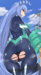  1girl ass back black_panties blue_eyes blue_hair blue_sky bodysuit boku_no_hero_academia breasts clouds drill_hair gloves hadou_nejire highres long_hair looking_at_viewer panties shirabe_shiki sky smile solo torn_bodysuit torn_clothes underwear very_long_hair yellow_gloves 