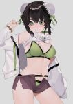  1girl bangs bare_shoulders bebe_pp bikini black_hair breasts brown_shorts bun_cover chainsaw_of_the_dead cowboy_shot double_bun fate/grand_order fate_(series) green_bikini green_eyes green_nails green_ribbon grey_background hand_up highres jacket long_sleeves looking_at_viewer nail_polish navel open_clothes open_fly open_jacket qin_liangyu_(fate) ribbon shiny shiny_hair short_shorts shorts simple_background solo standing swimsuit swimsuit_under_clothes thighs white_jacket 