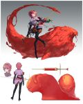  1girl absurdres black_gloves black_pants border closed_mouth crown detached_sleeves gloves gradient gradient_background grey_background highres holding jacket jaeyeong layered_sleeves long_sleeves monster pants pink_hair pink_jacket red_eyes redhead short_hair slime smile solo sword syringe weapon white_border 