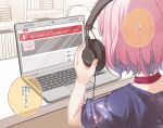  1girl blue_hair blue_shirt book brand_name_imitation choker computer facing_away hand_up headphones holding holding_headphones idolmaster idolmaster_cinderella_girls indoors koshimizu_sachiko laptop multicolored_hair pink_hair red_choker shirt short_sleeves solo table translation_request two-tone_hair upper_body youtube yukie_(kusaka_shi) yumemi_riamu 