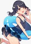  1girl artist_request ass bare_arms bare_shoulders black_hair black_swimsuit collarbone cure_slum fangs flower fukumaru_koito hair_flower hair_ornament highres idolmaster idolmaster_shiny_colors innertube looking_at_viewer looking_to_the_side one-piece_swimsuit skin_fangs solo swimsuit swimsuit_skirt thighs twintails violet_eyes white_background 