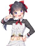  1girl :d bangs black_hair blush bow collared_shirt crop_top eyebrows_visible_through_hair hair_bow hand_on_hip hand_up head_tilt highres k_mugura long_hair long_sleeves looking_at_viewer midriff muguruma_miyako navel open_mouth pleated_skirt ponytail red_bow senyoku_no_sigrdrifa shirt simple_background skirt smile solo upper_teeth v v-shaped_eyebrows violet_eyes white_background white_skirt 