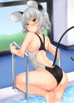  1girl animal_ears ass bangs bare_arms bare_legs bare_shoulders barefoot blush commentary_request eyebrows_visible_through_hair from_behind grey_hair hair_between_eyes highres looking_at_viewer looking_back mouse_ears mouse_tail nazrin one-piece_swimsuit red_eyes short_hair solo swimsuit tail thighs tokoya_(ex-hetare) touhou water wet 