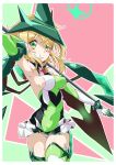  1girl absurdres akatsuki_kirika arm_up armpits blonde_hair blush breasts covered_navel elbow_gloves gloves green_eyes green_leotard headgear highres leer.meer leotard looking_at_viewer medium_breasts parted_lips scythe senki_zesshou_symphogear shiny shiny_hair shiny_skin short_hair skin_tight skirt smile solo standing striped teeth thigh-highs 