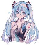 arm_tattoo blue_eyes blue_hair cropped_torso detached_sleeves hair_between_eyes hatsune_miku light_blush looking_to_the_side puchipuchi smile tattoo twintails vocaloid white_background 