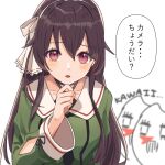  .live 1girl blurry blurry_background blush brown_hair collarbone commentary_request hair_between_eyes headband highres long_hair looking_at_viewer open_mouth red_eyes school_uniform sena_(illust-cat-love) simple_background translation_request virtual_youtuber white_background yaezawa_natori 