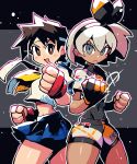  2girls :d back-to-back bea_(pokemon) blue_skirt bow bow_hairband bright_pupils brown_eyes brown_hair clenched_hands closed_mouth covered_navel cowboy_shot cropped_shirt crossover dark_skin fighting_stance gloves grey_eyes grey_hair hair_bow hairband hand_up headband highres kasugano_sakura looking_at_viewer miniskirt multiple_girls neck_ribbon open_mouth partially_fingerless_gloves pleated_skirt pokemon pokemon_(game) pokemon_swsh rariatto_(ganguri) ribbon shirt short_hair shorts skirt smile standing street_fighter street_fighter_zero_(series) white_pupils white_shirt yellow_ribbon 