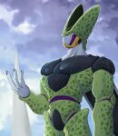  1boy arm_at_side black_nails cell_(dragon_ball) clouds commentary_request dragon_ball dragon_ball_z hand_up highres looking_up male_focus muscle parted_lips perfect_cell pink_eyes rain sky solo takumi1230g teeth water wet wings 