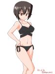  1girl absurdres bangs bikini black_bikini breasts brown_eyes brown_hair closed_mouth commentary dated drops_mint eyebrows_visible_through_hair girls_und_panzer hand_on_hip highres looking_at_viewer medium_breasts navel nishizumi_maho short_hair side-tie_bikini simple_background smile solo standing swimsuit twitter_username white_background 