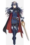  1girl armored_boots belt belt_buckle black_cape black_gloves black_sweater blue_eyes blue_hair boots breastplate buckle cape commentary_request eyebrows_visible_through_hair falchion_(fire_emblem) fingerless_gloves fire_emblem fire_emblem:_kakusei fire_emblem_13 fire_emblem_awakening floating_hair full_body gloves hair_between_eyes highres holding holding_sword holding_weapon intelligent_systems long_hair looking_at_viewer lucina lucina_(fire_emblem) multicolored multicolored_cape multicolored_clothes nintendo parted_lips red_cape ribbed_sweater ryon_(ryonhei) simple_background solo sweater sword symbol-shaped_pupils tiara turtleneck turtleneck_sweater weapon 