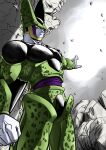  1boy black_nails cell_(dragon_ball) clenched_hand closed_mouth commentary_request dragon_ball dragon_ball_z from_below highres light_frown looking_at_viewer looking_down male_focus outstretched_arm perfect_cell pink_eyes rock solo standing studio_viga wings 