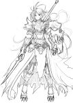  1girl alternate_costume armor breastplate closed_mouth greaves hatching_(texture) headgear highres holding holding_spear holding_weapon kaho_(amal135) league_of_legends leona_(league_of_legends) long_hair pauldrons polearm shield shoulder_armor simple_background sketch solo spear spikes standing torn torn_clothes vambraces weapon white_background 