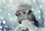  1girl bare_tree beanie black_hair commentary_request hikari_(pokemon) eyelashes hair_ornament hairclip hat long_hair outdoors parted_lips pokemon pokemon_(game) pokemon_dppt pokemon_platinum sasairebun scarf snow snowing solo tree violet_eyes white_headwear white_scarf 